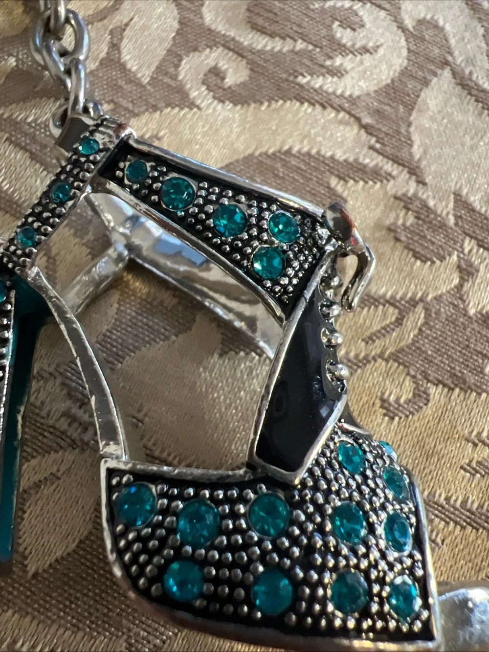 Spring Street High Heel Shoe Keychain Rhinestones Teal Turquoise Fashion